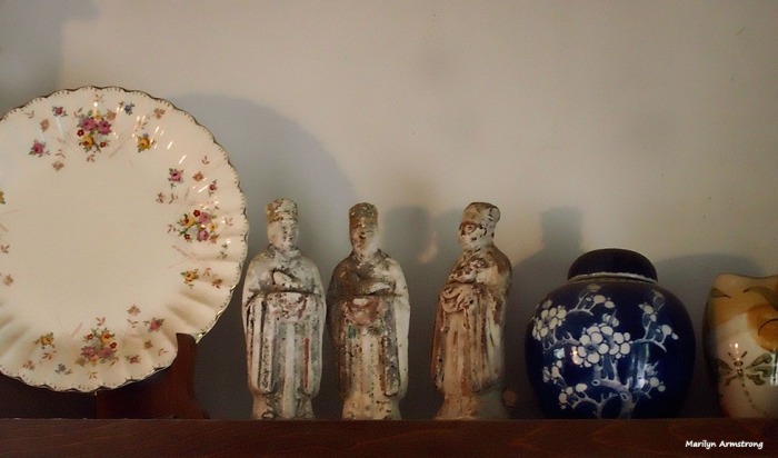 One old English china plate. Three very old Chinese porcelain astrological figures, and one old Chinese porcelain ginger jar.