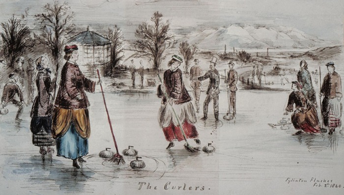 A curling match at Eglinton Castle, Ayrshire, Scotland in 1860. The curling house is located to the left of the picture. Roger Griffith - Archival. Public Domain: 2 Feb 1860 