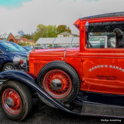 Red restored antique truck at Hannaford